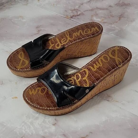 𝅺Sam Edelman Reid Black Strap Cork Wedge Sandals - Picture 3 of 13